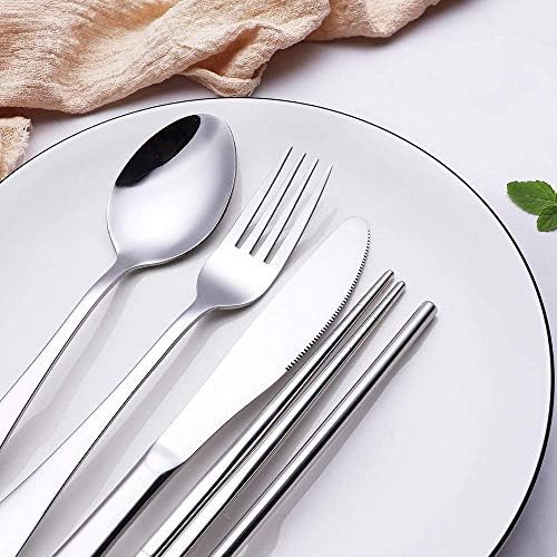Travel Stainless Steel Utensils Set with Case – 8-Piece Reusable Flatware Kit Includes Fork, Knife, Spoon, Chopsticks, Straws, Brush & Bag – Portable Cutlery for Camping, Work, Picnic (Silver) - Image 6