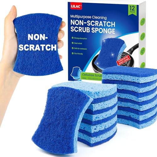 LILAC Non Scratch Sponges, 12 Count, Natural Cellulose Scrub Sponge for Dishes, Non Stick Cookware, Kitchen, Bathroom, Household (Blue) by LILAC