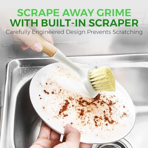 AIRNEX Bamboo Dish Brush Set of 2 - Dishwasher Brush w/Handle Made of Wheat Straw & Sisal Bristles - Non Scratch Kitchen Scrub Brush for Dishes, Pots & Pans - Dish Scrubber w/Plastic Free Bristles - Image 4