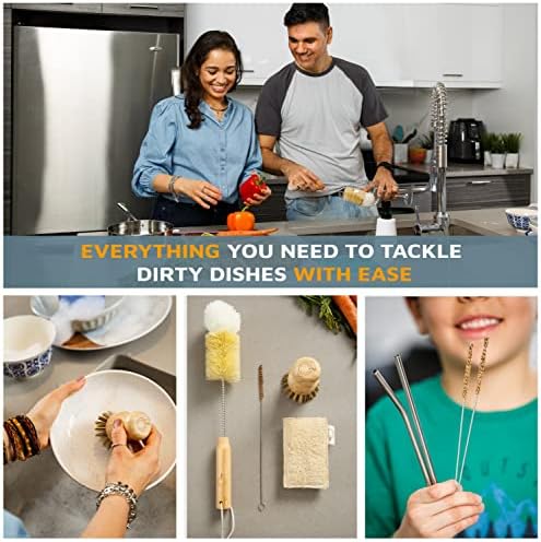 Bamboo Dish Brush Set, Plastic Free Kitchen Cleaning Kit - Image 4