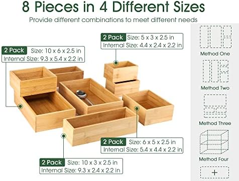 Kootek 8Pcs Bamboo Drawer Organizer 4-Size Kitchen Storage Box for Flatware - Image 2