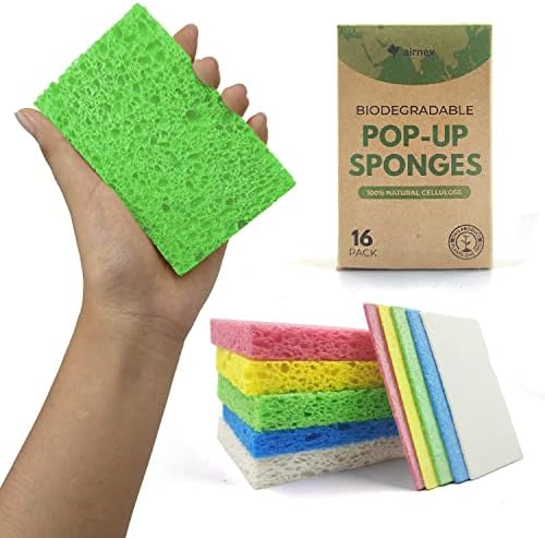AIRNEX Compressed Cellulose Sponges - 16 Pack Natural Pop Up Dish Sponge for Kitchen - Compostable Plant-Based Cleaning Sponges Bulk – Non Scratch Natural Sponge for Dishes & Household Cleaning by Airnex
