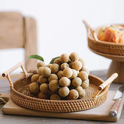 DECRAFTS Round Rattan Tray Woven Bread Basket with Handles Small Cracker Tray for Serving Dinner Parties Coffee Table Tea (Natural 11 inches Diameter)