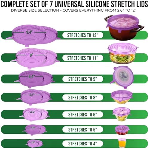 Reusable Silicone Stretch Lids for Food Storage in Fridge - Elastic Heat-Resistant Bowl Covers, Cups, Cans, Jars - Universal Food Grade Lid for Containers - 7 Pack - Purple Stretchy Lid Set - Image 2