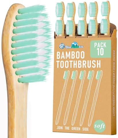 Bamboo Toothbrushes, Ultra Soft 0.12mm PBT Bristles 10 Pack by BlueForestEra
