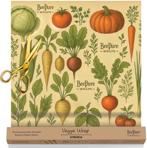 Reusable Beeswax Food Wrap Roll - Cut-to-Size 15 x 80 in, Eco-Friendly Food Storage Wrap, Bees & Veggies Garden Vegetable Design by Unknown