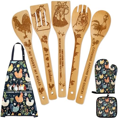 8 PCS Chicken Bamboo Cooking Spoon with Apron and Oven Mitts,Rooster Kitchen Utensil Decor Gifts for Women Chicken Lovers,Roosters Themed Decorations for Home,Housewarming,Birthday,Mother's Day,Easter by DudjotcHome