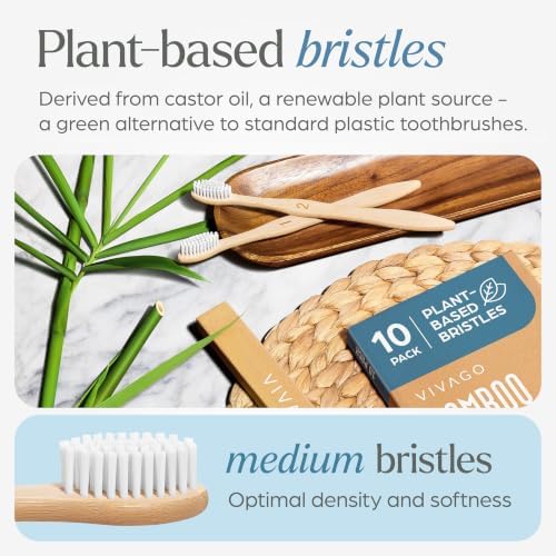 VIVAGO Bamboo Toothbrushes 10 Pack – Plant-Based Medium Bristles - Image 2