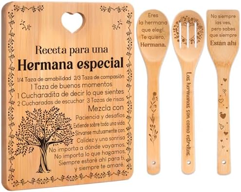 Regalos de cumpleaños para Hermana - "Receta para una Hermana especial". Juego de tablas de cortar y utensilios de bambú grabados. Regalos de cumpleaños para Hermana. Spanish Sister Cutting Board by Apjielop-GiftsMaster