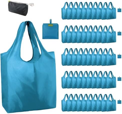 BeeGreen Light Blue Reusable Grocery Bags Wholesale Blue Reusable Kitchen Bags Bulk Foldable-Machine Washable with Zipper Storage Pouch 50 Packs by BeeGreen