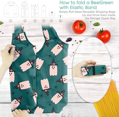 BeeGreen Halloween Bags Spooky Boo Basket Party Reusable Grocery Bags 6 Pack Trick or Treat, Halloween Pumpkin Spiders Ghost Skeleton Black Cat Bat Shopping Bags 50LBS Large - Image 5