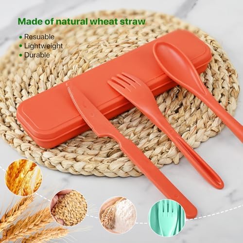Travel Utensils Set with Case, 8 Sets Camping Utensils Reusable Wheat Straw Utensils Set With Case, Knife Spoon and Fork Set for Lunch Box - Image 5
