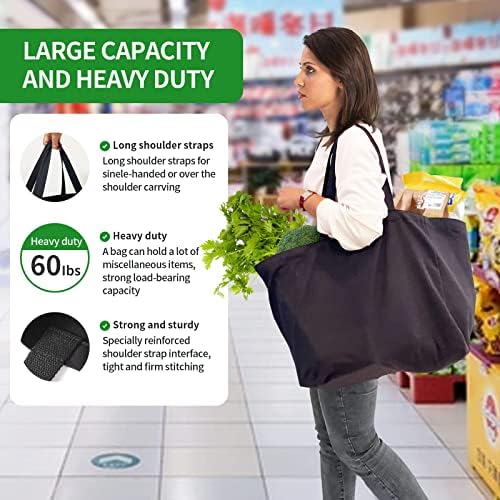 Heavy Duty Canvas Reusable Grocery Bags - 8.3 Gal Foldable Large Tote with Handles, Holds 60 lbs & Washable Eco-friendly Bags with 5 Pockets - Image 6