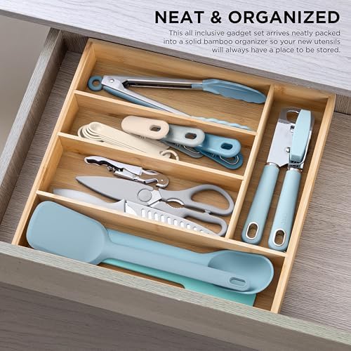 COOK WITH COLOR Bamboo Kitchen Utensil Set with Drawer Organizer | Cooking Tools and Storage Caddy, Blue, 18 Piece Gadget Set - Image 3