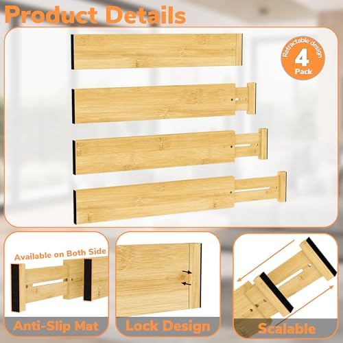 BAMEOS Bamboo Expandable Drawer Dividers – Fits 16.65"–22" Drawers, 3" Deep Walls, Set of 4 | Taller Spring-Loaded Separator Keeps Items Upright in Kitchen & Dresser Drawers - Image 6