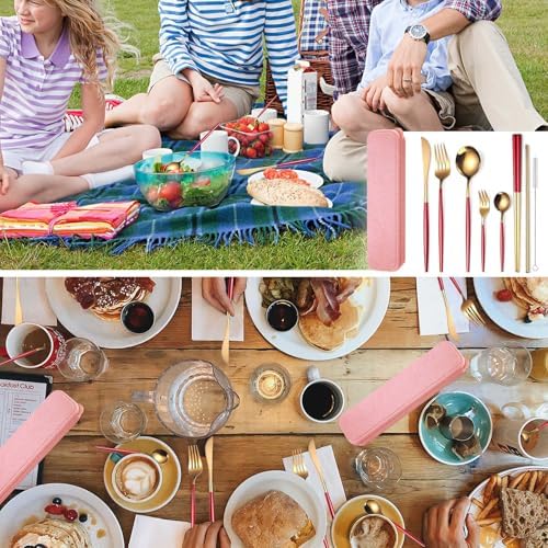 AARAINBOW 8 Pieces Stainless Steel Flatware Set Portable Reusable Cutlery Set Travel Utensils Set Including Chopsticks Knife Fork Spoon Straws Cleaning Brush Dishwasher Safe (Red Golden) - Image 5