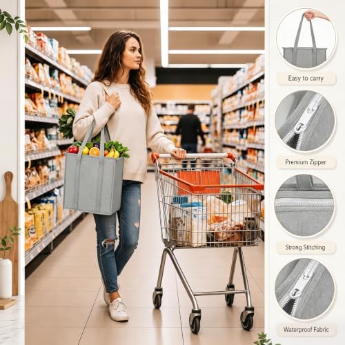 10 Pack 10 Pack Large Insulated Grocery Bag Zippered, Light Gray - Image 4