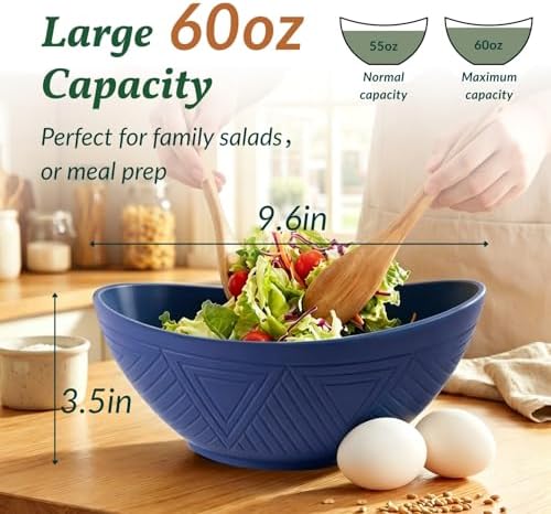 Homienly Wheat Straw Bowls, 9.6 inch Salad Bowls, Large Serving Dishes for Wedding Parties, Camping, 60 OZ Bowl Set for Salad, Popcorn, Oval Shape, Microwave & Dishwasher Safe, Set of 4, Dark Blue - Image 2