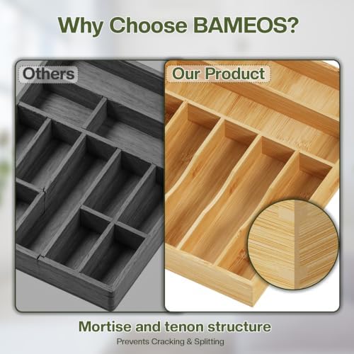 BAMEOS Bamboo Flatware Organizer 16.5×12.8 –Silverware Tray for Small Kitchen Drawers, 2" H Cutlery Holder | Forks, Spoons, Knives - Image 4