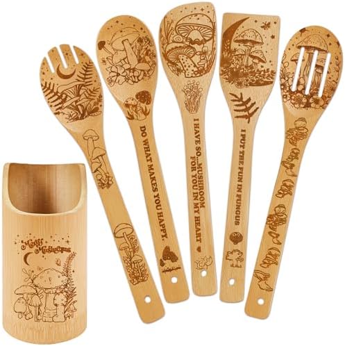 Mushroom Kitchen Decor Bamboo Wooden Spoons With Utensil Holder-Mushroom Kitchen Accessories for Cooking-Home Decorations Gifts for Women-Housewarming,Birthday,Easter,Mothers Day Gift（6PCS） by DudjotcHome