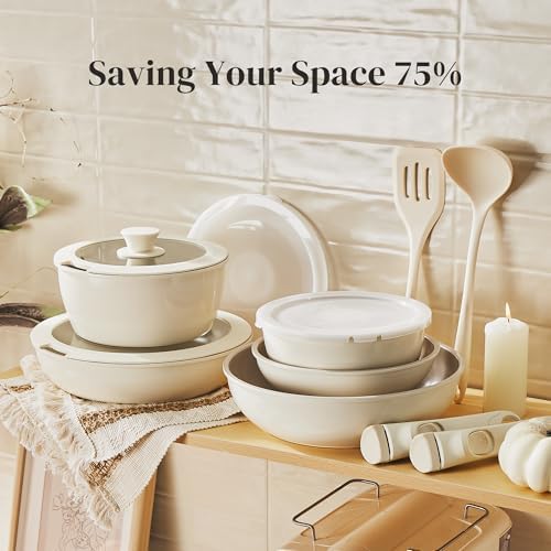 Redchef Ceramic Pots and Pans Set, Nonstick Kitchen Cookware Set with Detachable Handle, Non Toxic Cookware Set 16pcs, PFAS PFOA & PTFE Free, RV Ceramic Cookware for Camping, Dishwasher/Oven Safe - Image 5
