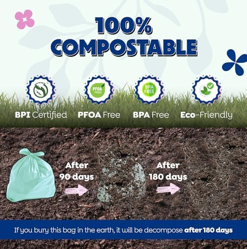 BPI 100% Home Compostable Kitchen Trash Bags, 13 Gallon 1.2 Mil Heavy Duty Unscented Plant Based Bags w/Handles, Tall Biodegradable Garbage, Compost & Food Scrap Waste Can Liners, 35 Ct - Image 5