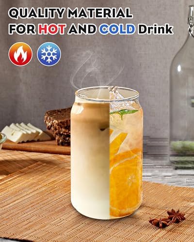 WISIMMALL Drinking Glasses with Bamboo Lids and Glass Straw 8PCS Set, 16oz Glass Cups with Lids and Straws, Beer, Iced Coffee Glasses, Soda, Gift 2 Cleaning Brushes - Image 2