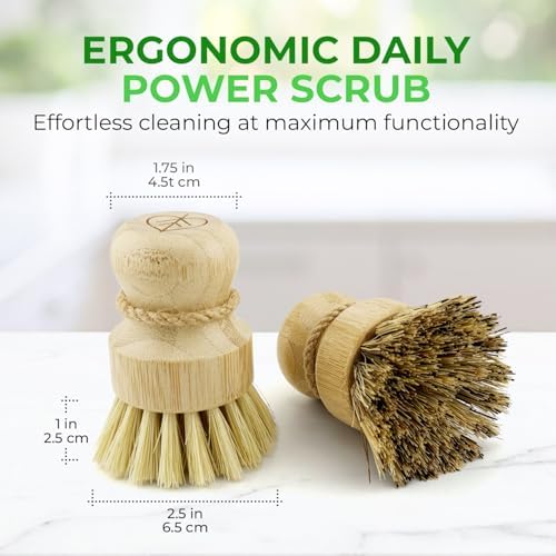 AIRNEX Bamboo Dish Brush Set of 2 - Natural Wooden Dish Scrubber with Sisal & Coconut Bristles - Plastic Free Kitchen Scrub Brush for Dishes, Sink, Pots & Pans - Non Scratch Kitchen Dish Brush - Image 2