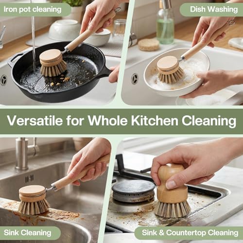 5 Pcs Bamboo Wood Dish Brush Set Includes 1 Wooden Handle with 3 Natural Replaceable Bristle Heads and 1 Handheld Bamboo Wok Brush Scrubber for Dishes Pans Pots Fruit and Veggie Washing(Style C) - Image 7