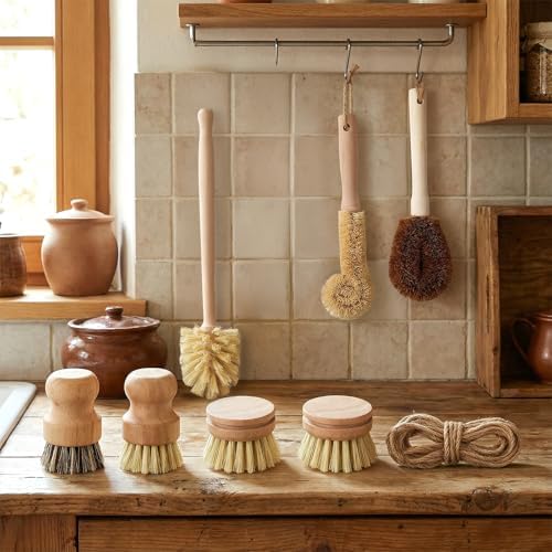 8 Pcs Bamboo Dish Brush Dish Washing Scrub Bottle Brushes Wooden Palm Pot Brush Cleaning Scrubbers with Natural Sisal Bristles Long Handle for Pots Pans, Vegetables, Household Cleaning - Image 4