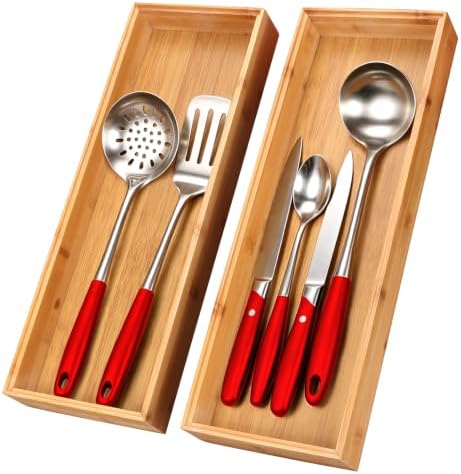 Kitchen Bamboo Drawer Organizer Set of 2, Large Wide Stackable Drawer Organizer for Silverware, Utensils, Cutlery, Flatware, Junk Drawer, Dresser, Bathroom, 17" x 6" x 2" by Gtencemen