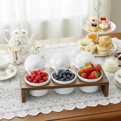 MyGift 10 Pcs Condiment Pot Serving Dish Set, Hosting Essentials, Premium Acacia Solid Wood Raised Display Server Tray and 3 Ceramic Ramekin Dip Bowls with Lids and Spoons - Image 3