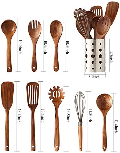 Wooden Kitchen Utensils Set with Holder, NAYAHOSE 9 Pcs Teak Wood Spoons for Cooking Spatula Set with Stainless Steel Storage Barrel - Image 2