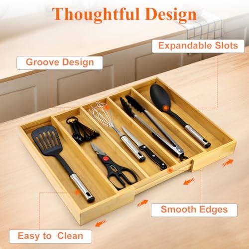 Expandable Bamboo Silverware Drawer Organizer Large Kitchen Utensils Tray - Image 6