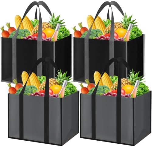 WISELIFE Reusable Grocery Bags with Handles, 35L, 4 Pack, Gray & Black by WiseLife