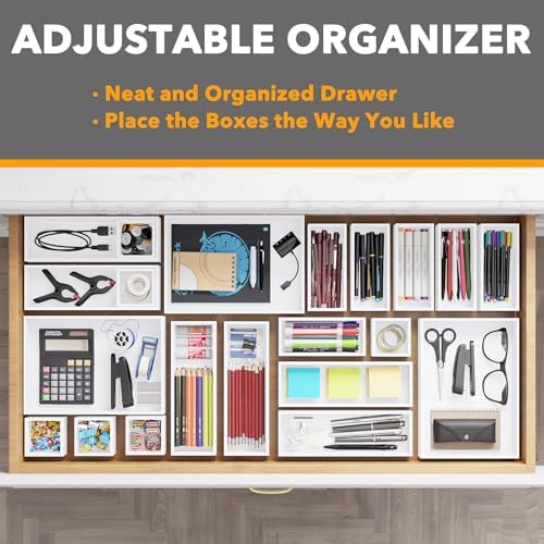 SpaceAid 21-Piece Bamboo Drawer Organizer Storage Boxes Set, Wood Tray Junk Drawer Organizers Multi-Use Divider Bins for Kitchen, Bathroom, Office Desk and Makeup Organization (21 Pack, White) - Image 5