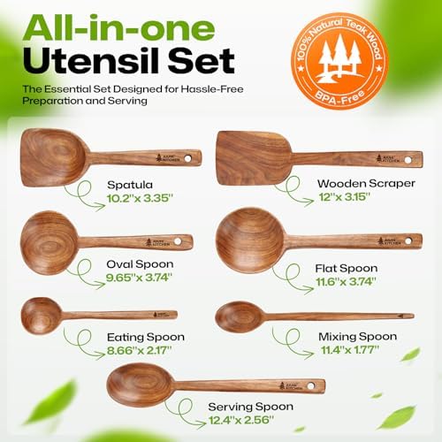 AIUHI 7 pcs Wooden Kitchen Utensil Set, Wooden Cooking Utensils Including Wood Spoon & Spatula, Non-stick Safe Wood Spoon for Cooking - Image 3