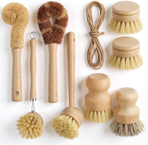 9 Pcs Bamboo Dish Brush Set Wooden Dish Brush with Sisal and Palm Fiber Natural Wooden Kitchen Brushs Practical Dishs Cleaning Brushs Sets for Pots Pans Bottle Sink Vegetables Household Cleaning by Unknown