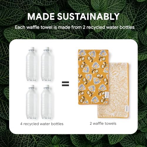 RECYCO Waffle Kitchen Towel Set of 2 - Quick Dry Microfiber Sustainable Dish Towels - Ultra Absorbent Reusable Cleaning Tea Towels - Lightweight Hand Towels,16”x 28”, Marigold Mosaic - Image 5