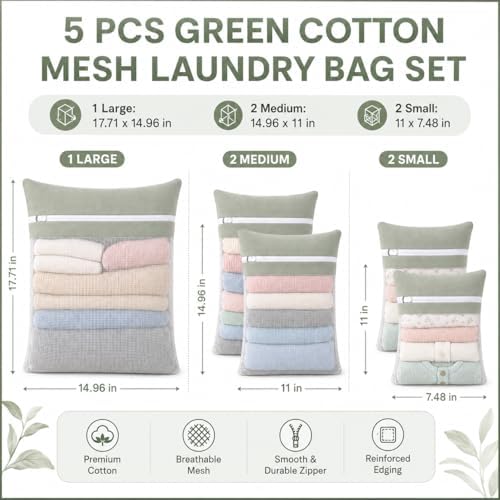 Green 5-piece set in bags, durable cotton mesh laundry bags, sturdy zipper, breathable mesh, delicate laundry bags, suitable for underwear, clothes, pants, and socks - Image 2