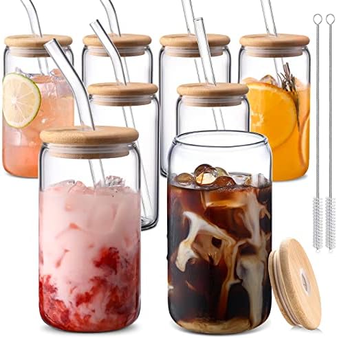 DWTS DANWEITESI Glass Cups with Lids and Straws 8 pcs,16 oz Glass Iced Coffee Cups with Lids-Clear Glass Coffee Cups,Cute Glass Cups for Coffee Bar Accessories Gifts by DWTSDANWEITESI