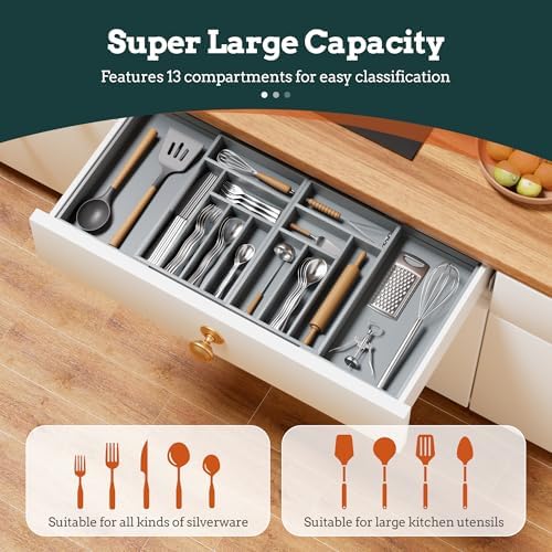 Magnetic Expandable Silverware Drawer Organizer, 13 Slots Utensil Gray - Image 2