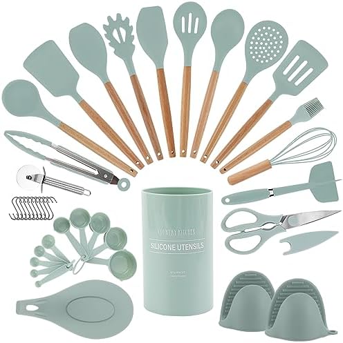 Country Kitchen Non Stick Silicone Utensil Set with Rounded Wood Handles for Cooking and Baking, 38 Piece Set, Mint by CountryKitchen