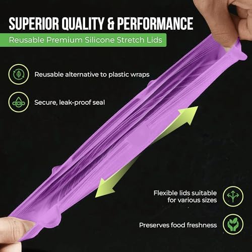 Reusable Silicone Stretch Lids for Food Storage in Fridge - Elastic Heat-Resistant Bowl Covers, Cups, Cans, Jars - Universal Food Grade Lid for Containers - 7 Pack - Purple Stretchy Lid Set - Image 5