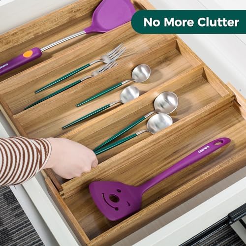 Utoplike Acacia Kitchen Drawer Organizer Expandable, Utensils Cutlery Tray - Image 2