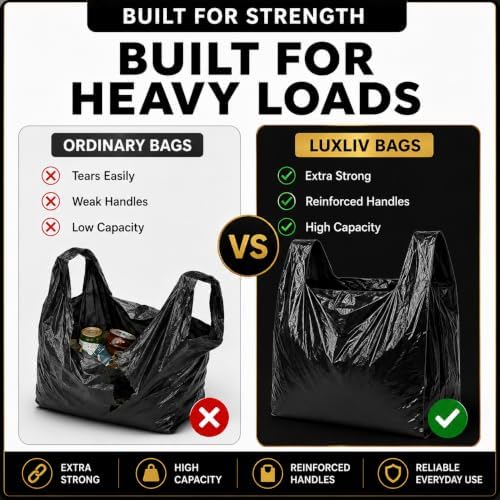 Heavy Duty Black Plastic Shopping Bags with Handles, T-Shirt Grocery Carrier, 12 x 18 x 24 Inch, HDPE for Retail, Convenience Stores and Takeout, 200 Count - Image 5