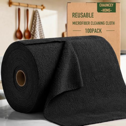 Microfiber Cleaning Cloth Roll - 100 Pack Tear Away Microfiber Paper Towels, Reusable, Washable, Scratch-Free, Kitchen Towels for Car, Home, Kitchen, Glass, Dishes (Black) by CHAUNCEYHOME