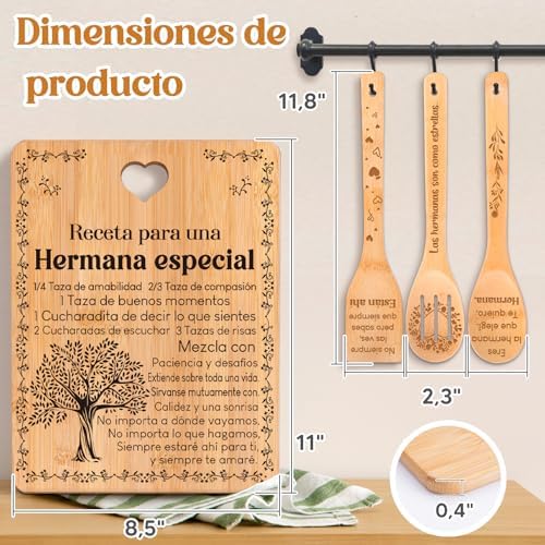 Regalos de cumpleaños para Hermana - "Receta para una Hermana especial". Juego de tablas de cortar y utensilios de bambú grabados. Regalos de cumpleaños para Hermana. Spanish Sister Cutting Board - Image 5
