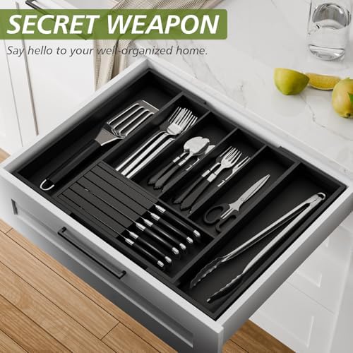 Bamboo Kitchen Silverware Drawer Organizer - Expandable Wood Utensil Holder with Dividers, Luxury Cutlery Storage Tray for Kitchen Utensil and Flatware (5-7 Slots with Removable Knife Block, Black) - Image 2