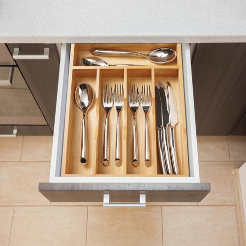Umilife Bamboo Kitchen Drawer Organizer, 11 Inch Silverware Utensils Tray Holder with Grooved Dividers, 2.4" High Wood Caddy for Flatware Cutlery Knives - Image 5